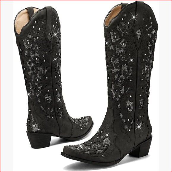 Mid Calf Cowboy Boots with Rhinestone and Glitter Chunky Heel Western Boots